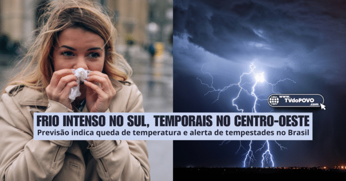 Mulher enfrentando frio no Sul ao lado de imagem de raios no Centro-Oeste