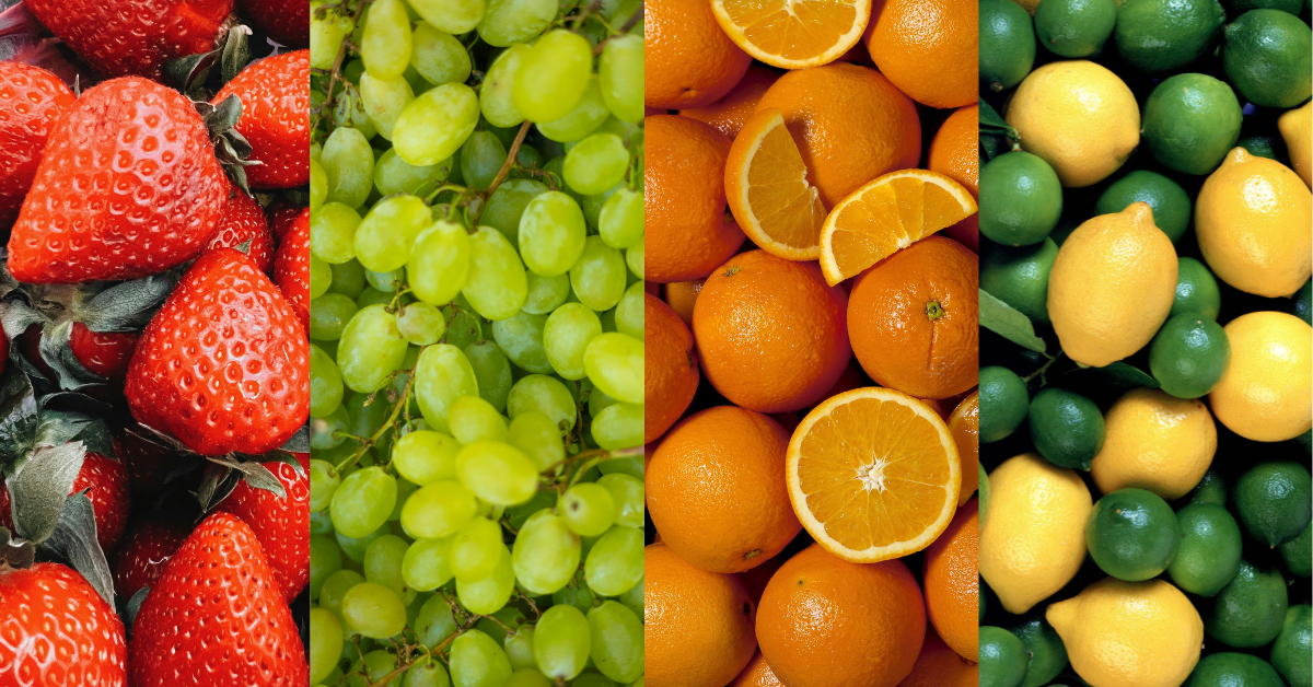 Montagem com morango, uva, laranja e limão representando frutas não climatéricas que não continuam amadurecendo após a colheita