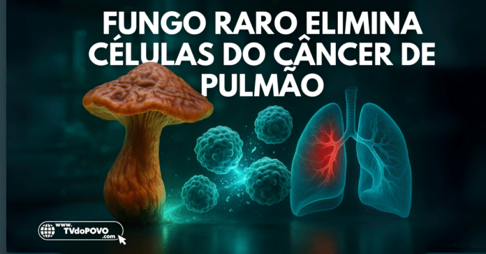 Fungo medicinal raro com aparência marrom ataca células do câncer de pulmão ao lado de pulmão humano com área inflamada em vermelho