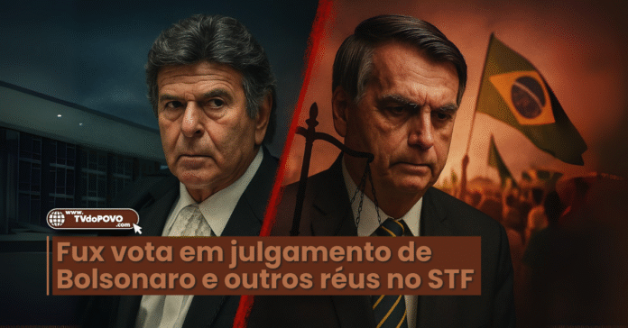 Julgamento de Bolsonaro no STF retratado em imagem com Luiz Fux e cenário de protestos