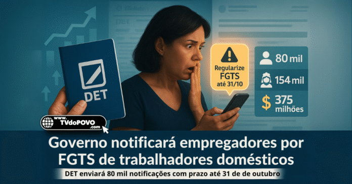 Mulher surpresa com notificação no celular sobre regularização de FGTS; ao lado, ilustração da carteira DET e dados de empregadores e domésticos notificados.