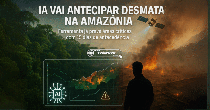 Floresta amazônica dividida entre vegetação preservada e área desmatada em chamas, com mapa digital de IA indicando zonas de risco ambiental