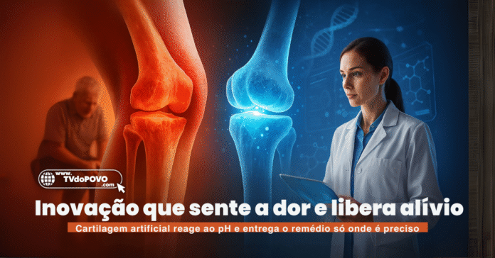 Mulher cientista observa joelho com cartilagem inflamada ao lado de articulação regenerada com hidrogel azul fluorescente, simulando alívio da artrite