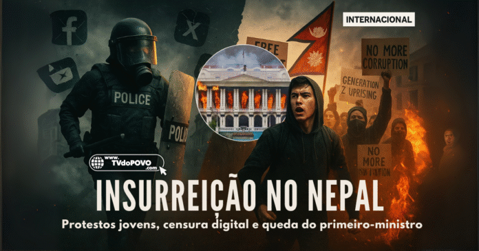 Policial de choque e jovens manifestantes em protesto no Nepal, com faixas contra a censura e fogo ao fundo