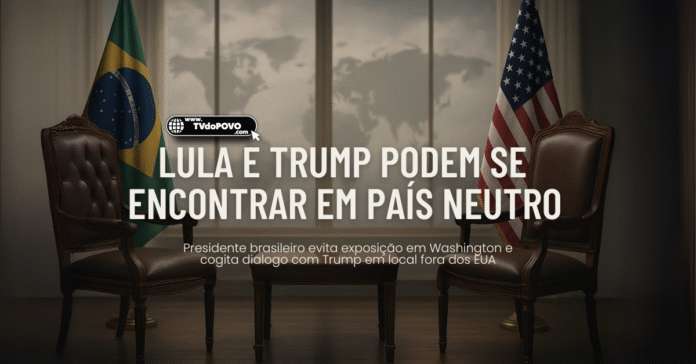 Cadeiras diplomáticas com bandeiras do Brasil e dos EUA sugerem encontro entre Lula e Trump em país neutro