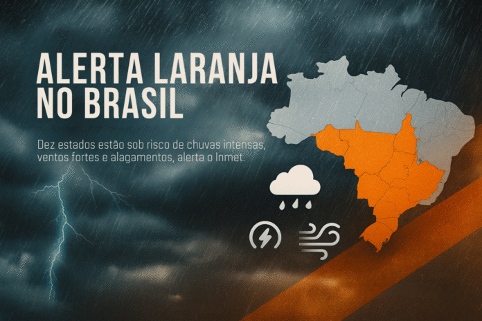 Mapa do Brasil com regiões em alerta laranja devido a chuvas intensas, ventos fortes e risco de alagamentos, segundo o Inmet.