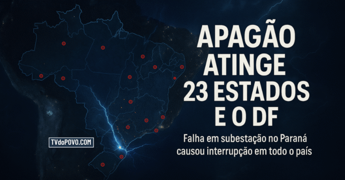 mapa do Brasil com pontos vermelhos representando o apagão que atingiu 23 estados e o DF