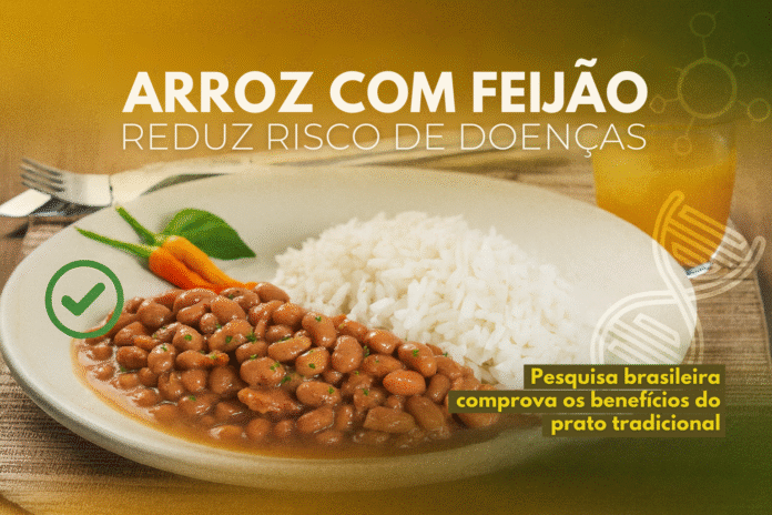 Prato de arroz com feijão sobre mesa de madeira, com ícones científicos e texto sobre estudo que comprova benefícios à saúde.