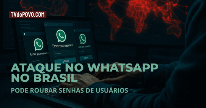 Hacker digitando em notebook com logins falsos do WhatsApp e mapa digital do Brasil ao fundo em tons de vermelho.