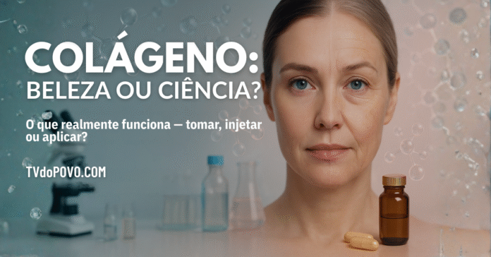 Mulher com rosto dividido entre juventude e envelhecimento, representando o debate científico sobre os suplementos de colágeno.