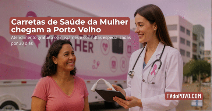 Médica atende mulher sorridente em frente à carreta de saúde da mulher, com cores do Outubro Rosa ao fundo.