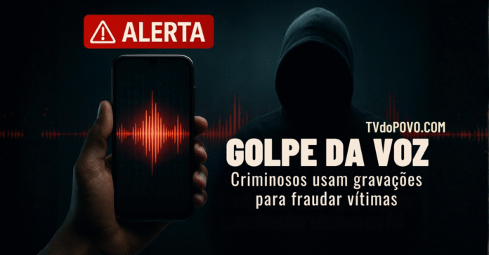 Mão segura celular com ondas sonoras vermelhas na tela e figura encapuzada ao fundo, simbolizando o golpe da voz e a clonagem de áudio.