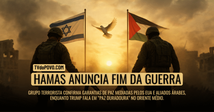 Soldados israelense e palestino abaixam as armas diante das bandeiras de Israel e Palestina ao pôr do sol, simbolizando o fim da guerra anunciado pelo Hamas.