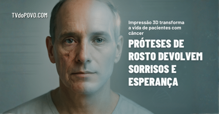 Homem com metade do rosto real e metade reconstruída por prótese 3D, representando a restauração facial de pacientes com câncer.