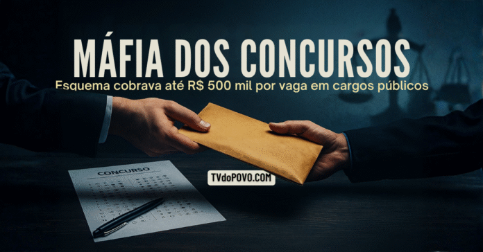 Mãos trocando envelope pardo sobre mesa com prova de concurso, representando a máfia dos concursos no Brasil.