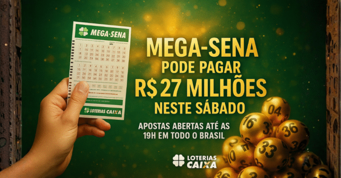 Bilhete da Mega-Sena e bolas douradas com números, simbolizando o prêmio de R$ 27 milhões neste sábado