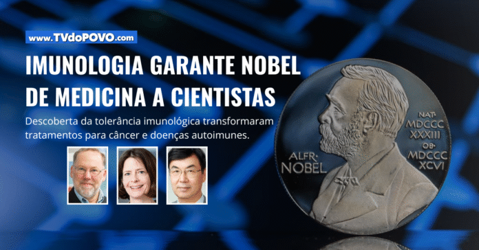 Cientistas premiados com o Nobel de Medicina 2025 ao lado da medalha oficial