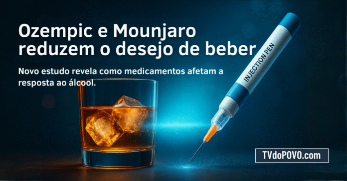 Seringa de medicamento e copo de bebida simbolizam estudo sobre o efeito de Ozempic e Mounjaro no consumo de álcool