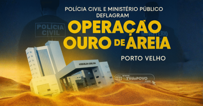 Operação Ouro de Areia mostra prédio da Assembleia Legislativa de Rondônia afundando na areia, representando investigação da Polícia Civil e do Ministério Público.