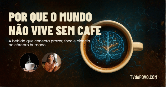 Xícara de café vista de cima com desenho de cérebro formado pela espuma e luz azul, simbolizando o impacto da cafeína no cérebro humano.