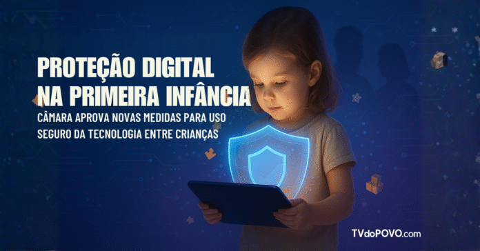 Criança pequena segurando um tablet com escudo digital brilhante, simbolizando proteção no ambiente online.