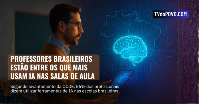 Professor brasileiro segura tablet com projeção de cérebro digital azul diante de mapa do Brasil, representando o uso de IA nas escolas.