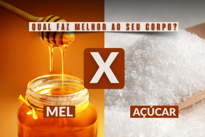 comparativo visual entre mel e açúcar com a pergunta “qual faz melhor ao seu corpo?”
