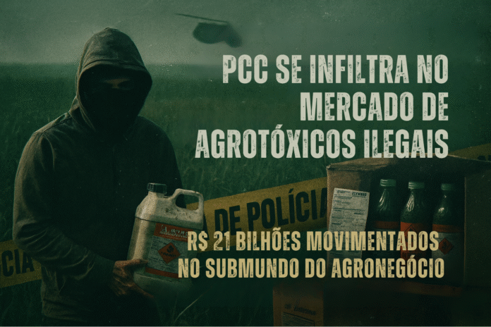 Homem encapuzado segura galão de agrotóxico ao lado de caixas marcadas com rótulos falsos, representando o mercado ilegal de defensivos agrícolas no Brasil.