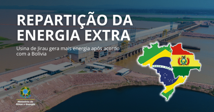 Arte mostra a Usina de Jirau e ilustração dos mapas do Brasil e da Bolívia unidos pela geração de energia