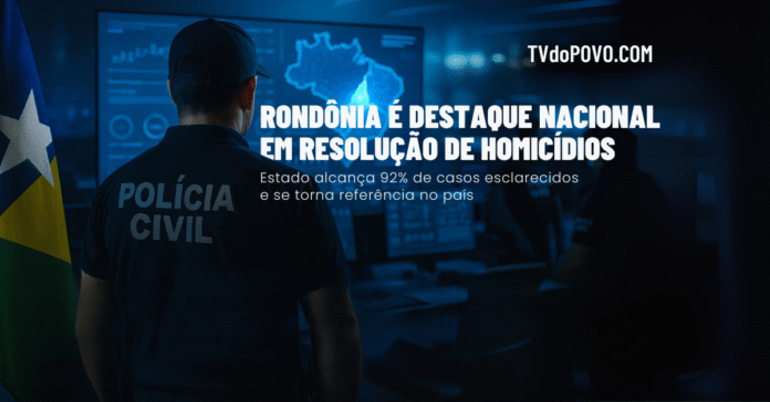 Policial civil observa mapa digital com destaque para Rondônia, simbolizando eficiência nas investigações criminais e redução da impunidade.