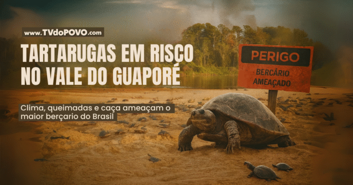 Tartaruga-da-Amazônia e filhotes cercados por fumaça em praia do Vale do Guaporé, com placa de berçário ameaçado