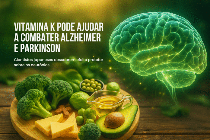 Cérebro com conexões neurais verdes ao lado de alimentos ricos em vitamina K, como abacate, brócolis e azeite, simbolizando pesquisa japonesa sobre Alzheimer e Parkinson.