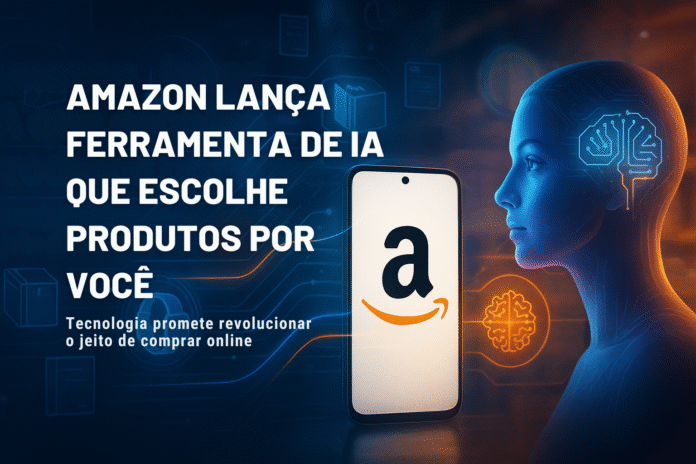 Smartphone com logotipo da Amazon diante de figura humana com cérebro digital iluminado, representando a nova inteligência artificial da empresa