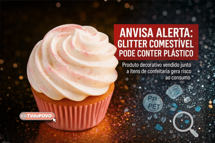Cupcake com cobertura branca e fundo dourado ilustra alerta da Anvisa sobre glitter comestível que pode conter plástico.