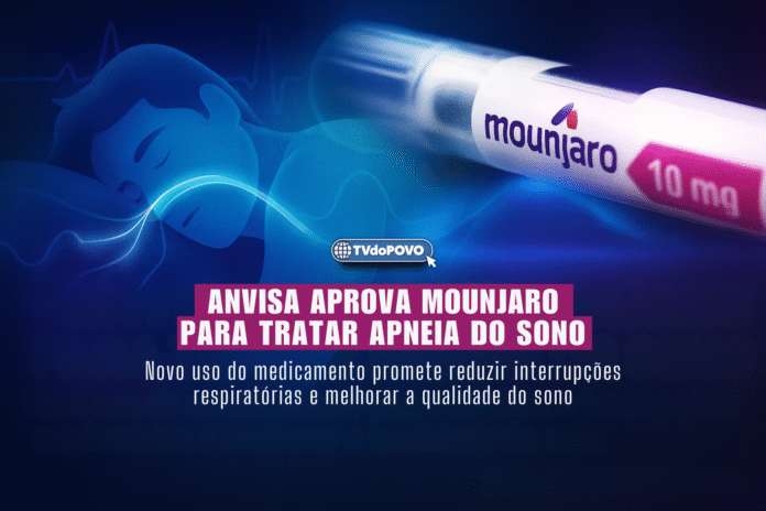 Arte mostra pessoa dormindo e caneta Mounjaro em destaque, representando o novo tratamento para apneia do sono aprovado pela Anvisa