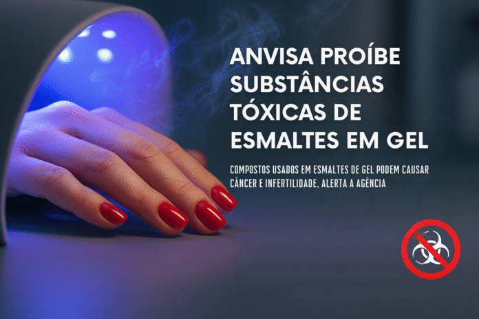 Mão feminina com unhas de gel sob luz ultravioleta, representando a proibição da Anvisa por risco de câncer.