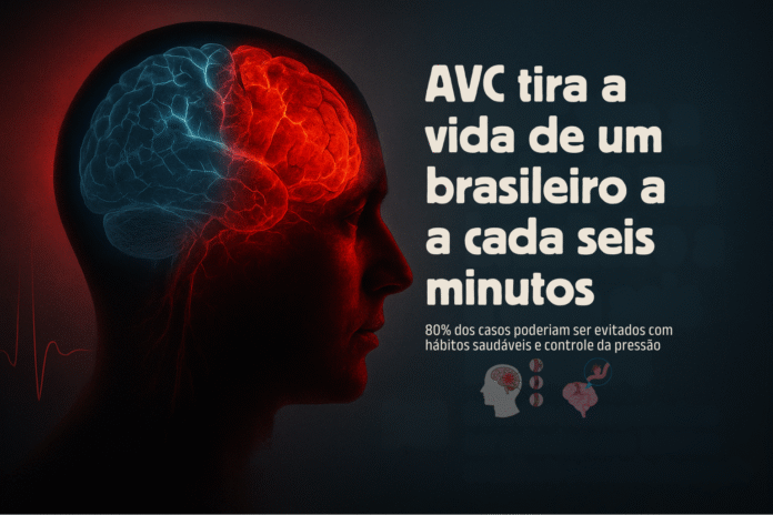 Ilustração mostra cérebro humano com áreas vermelha e azul simbolizando AVC e urgência na prevenção no Brasil.