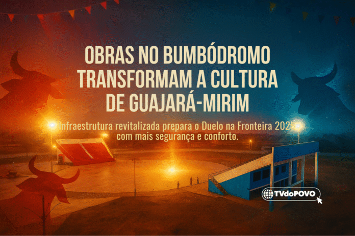 Vista aérea do Bumbódromo de Guajará-Mirim ao entardecer, com arquibancadas vermelhas e estrutura azul iluminada, simbolizando a revitalização para o Festival Duelo na Fronteira 2025.