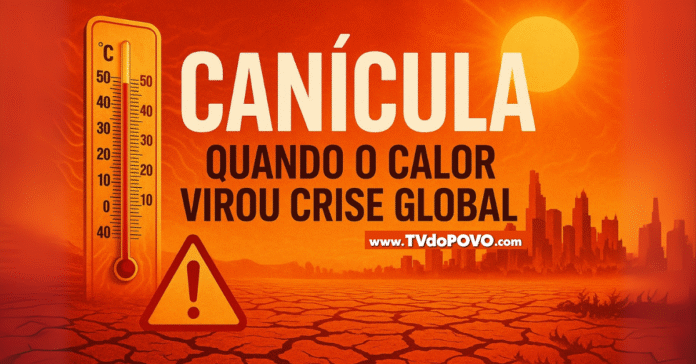 Arte jornalística sobre a canícula, com cidade sob calor extremo, termômetro e alerta climático.