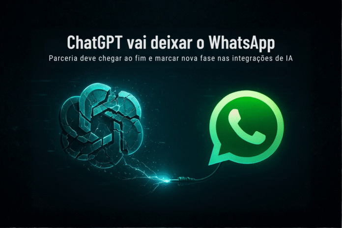 Ícones do ChatGPT e WhatsApp se desconectando em fundo digital escuro, simbolizando o fim da integração entre as plataformas.