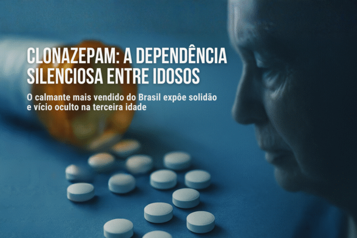 Idoso observa comprimidos brancos espalhados sobre uma mesa azul ao lado de um frasco âmbar, simbolizando a dependência de clonazepam.