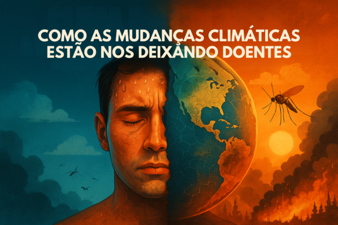 Arte mostra o impacto das mudanças climáticas na saúde humana, com metade do rosto de um homem fundido ao planeta Terra em chamas.