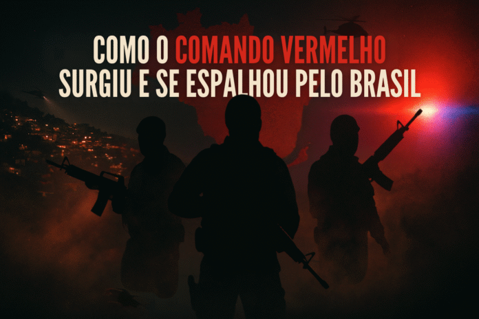 Silhuetas armadas diante de uma favela iluminada e mapa do Brasil em vermelho, simbolizando a expansão do Comando Vermelho.