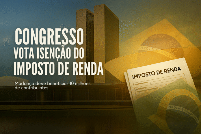 Congresso Nacional ao entardecer com documentos do Imposto de Renda sobrepostos e bandeira do Brasil ao fundo, simbolizando votação da isenção tributária.