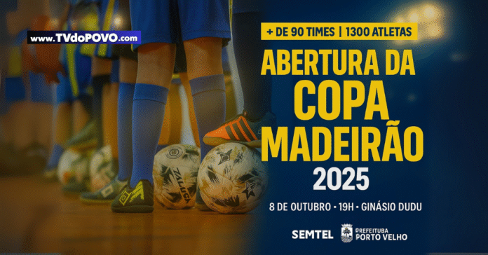 Arte oficial da abertura da Copa Madeirão 2025 com jogadores perfilados e bolas de futsal