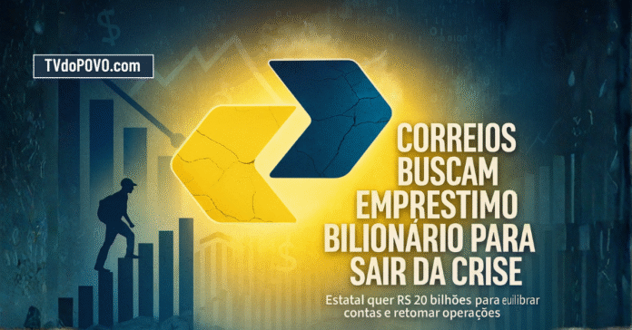 Logo dos Correios rachado sobre fundo amarelo e azul com gráficos em queda, simbolizando a crise financeira da estatal