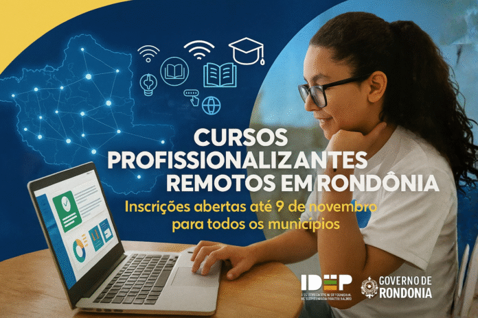 Estudante participa de curso profissionalizante online do Idep Rondônia com mapa digital ao fundo
