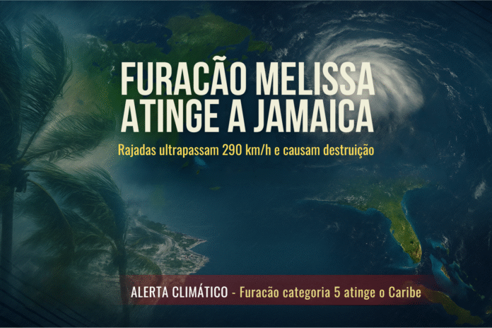 Imagem mostra o furacão Melissa atingindo a Jamaica com ventos de 290 km/h, causando destruição e alerta no Caribe.