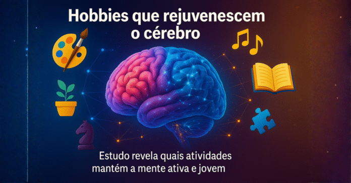 Cérebro humano iluminado com ícones de pintura, música, leitura, jardinagem, xadrez e quebra-cabeça representando atividades que mantêm a mente jovem.
