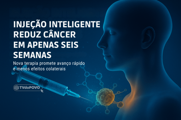 Ilustração médica mostra injeção inteligente aplicada no pescoço humano para tratar câncer, com destaque para células sendo neutralizadas por luz azul.